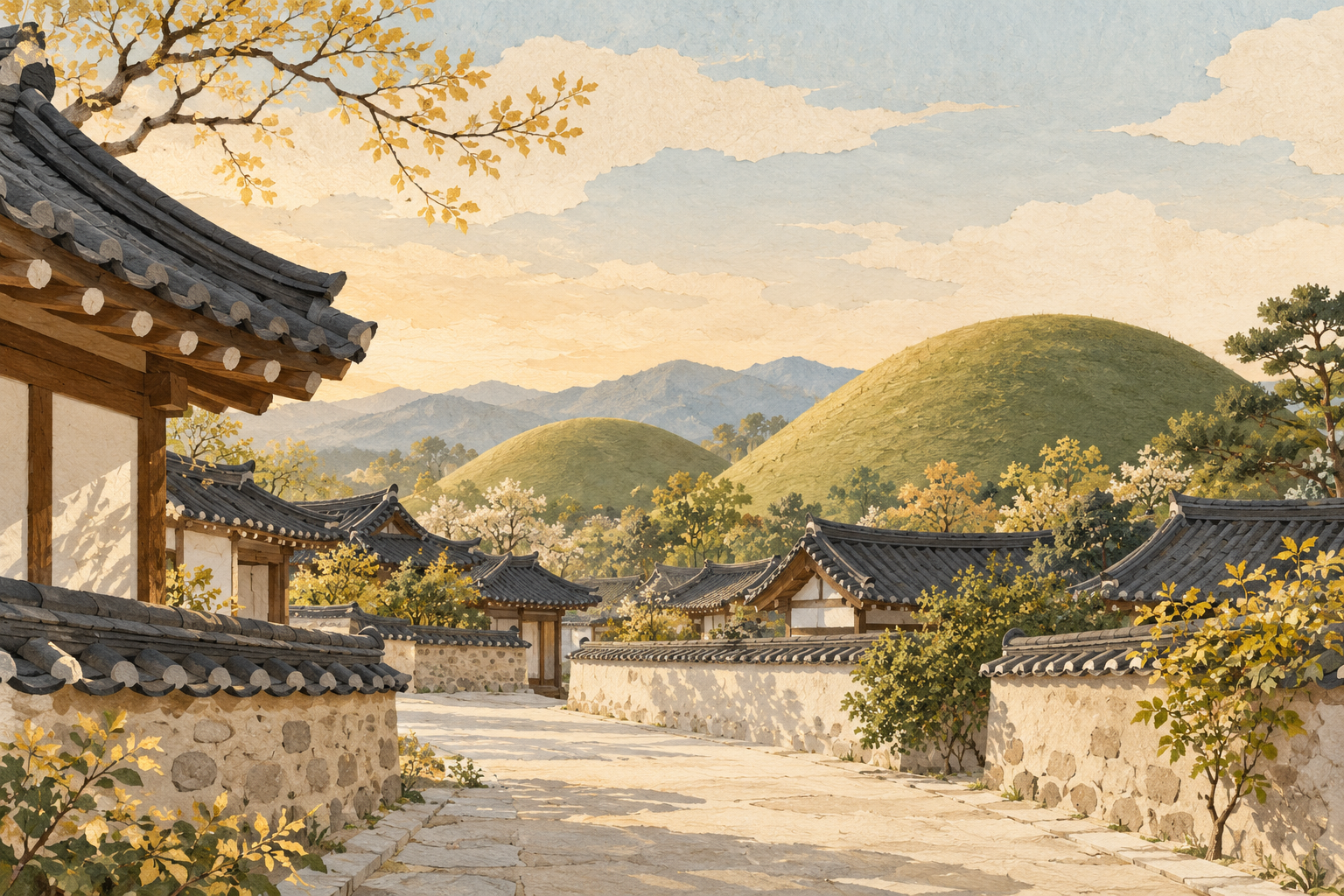 A textured illustration of a pale stone lane between low hanok-style tiled roofs and stone walls, with yellow-leaved trees and rounded grassy mounds beyond.