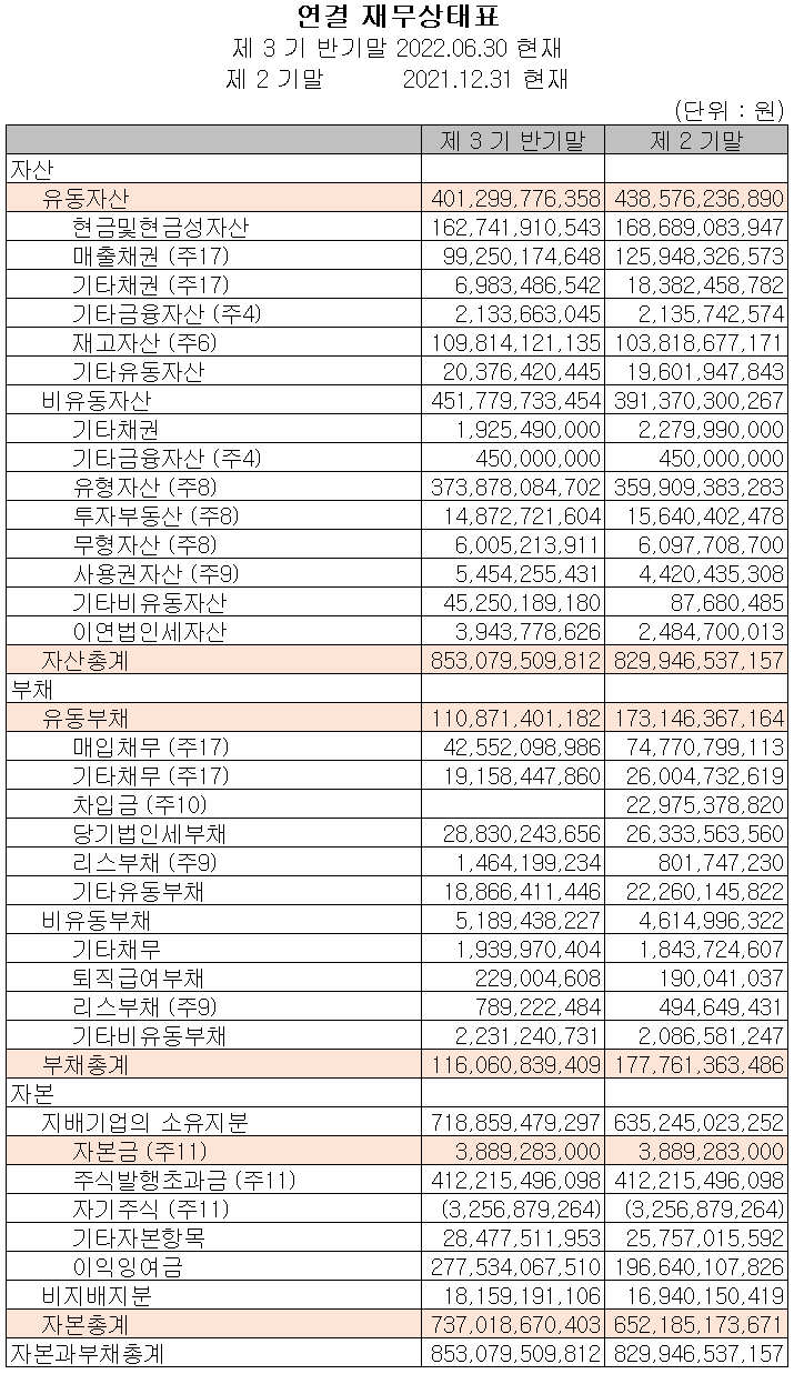 솔브레인 - 재무상태표