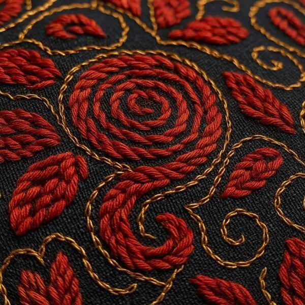 AI 생성: 붉은 자수 꽃무늬 클로즈업