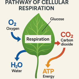 산소(O₂)와 포도당(C₆H₁₂O₆)이 식물에 흡수되는 경로를 파란색과 주황색 화살표로 표시하고, 세포호흡을 통해 생성되는 이산화탄소(CO₂), 물(H₂O), 에너지(ATP)가 다른 방향의 화살표로 나가며 설명됨.
