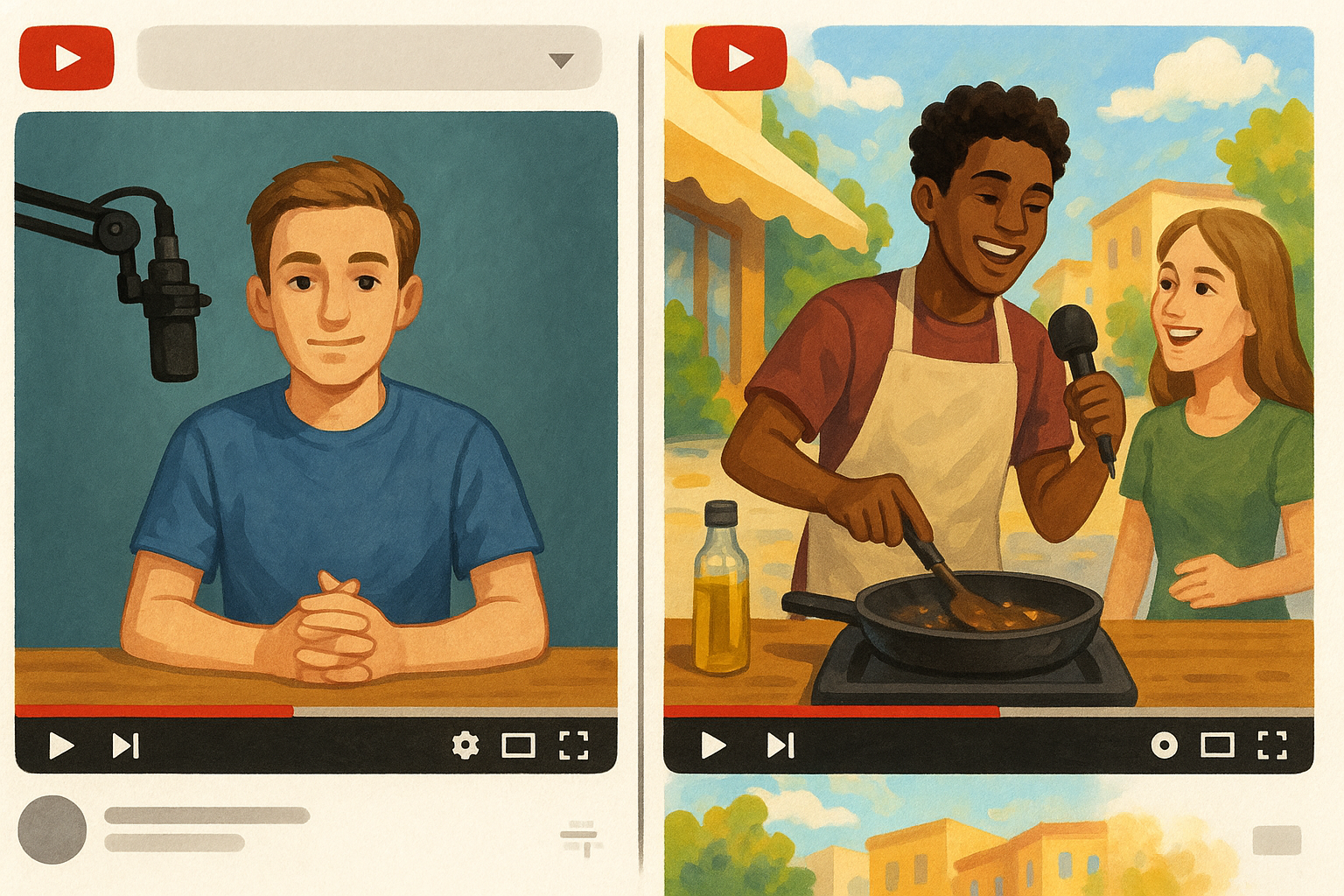 여러 주제를 다루는 유튜브 영상들 일러스트