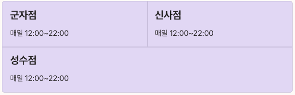 따우전드 운영상황 - 군자점, 신사점, 성수점 영업시간 정리 이미지