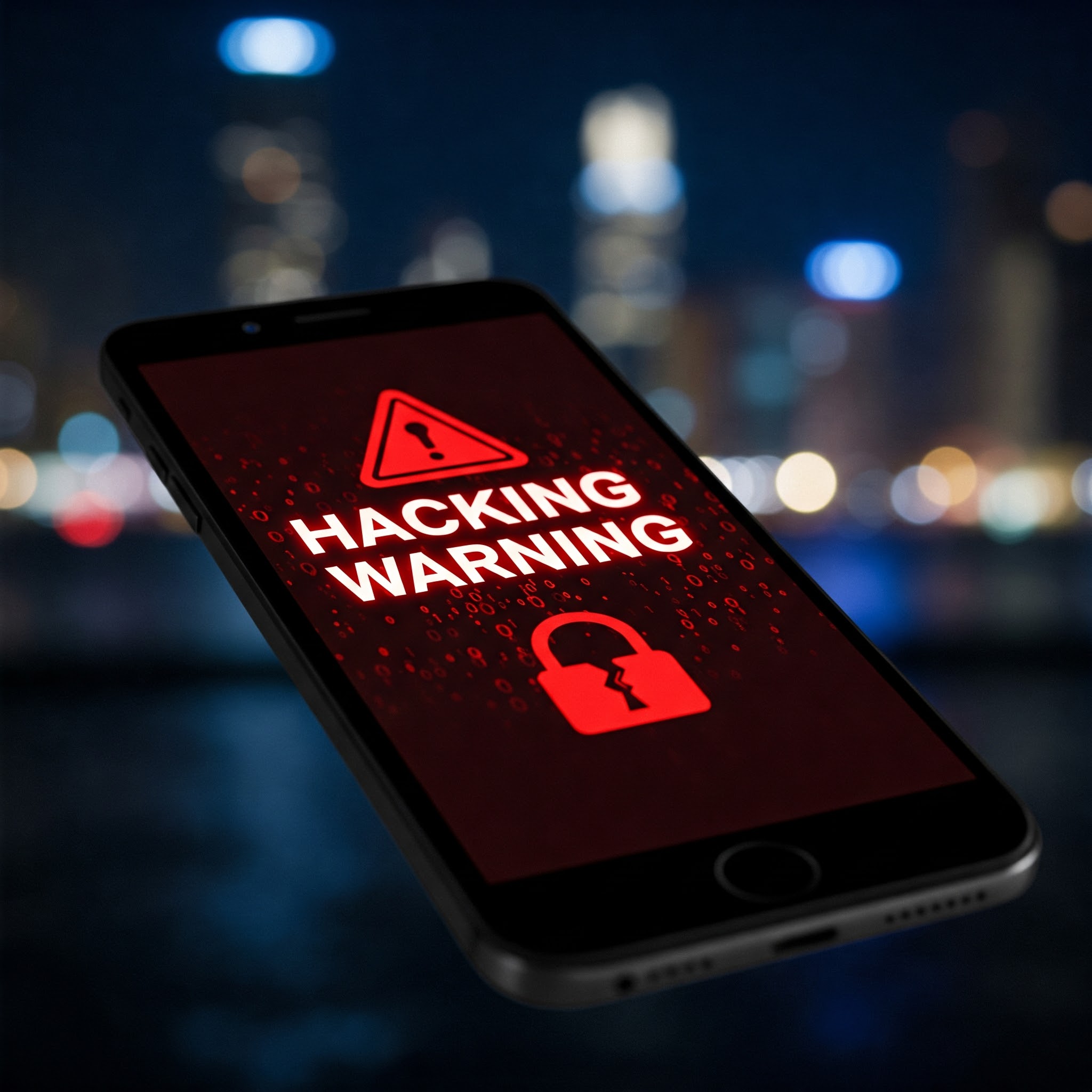 빨간색 경고 아이콘과 'HACKING WARNING' 문구가 표시된 스마트폰