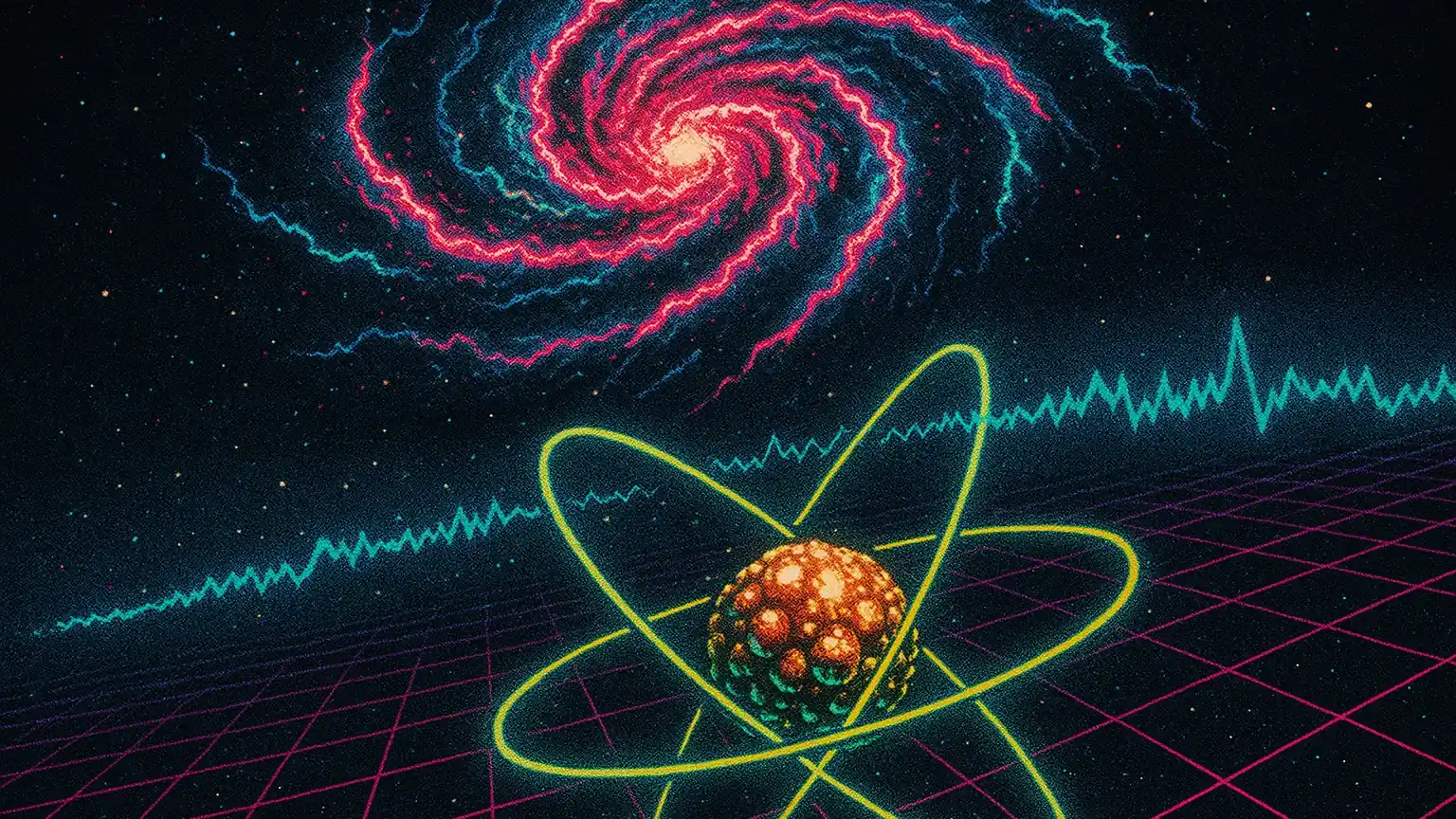 우주와 원자를 동시에 보여주는 이미지로 거시와 미시 세계의 대비를 표현