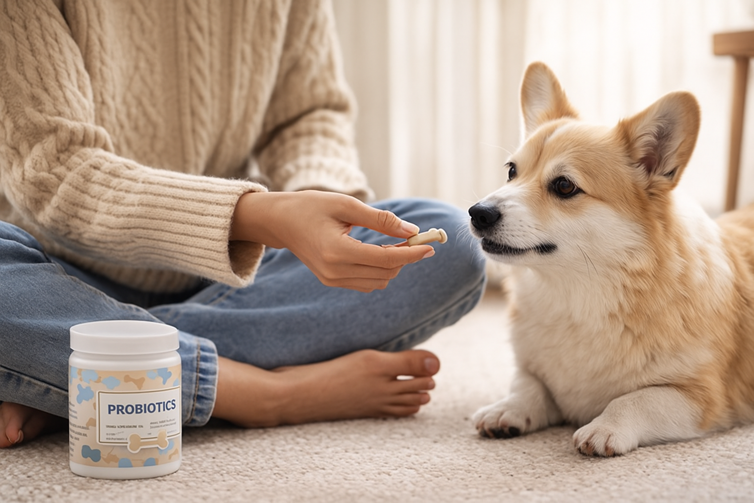 강아지 유산균 급여하며 장 건강과 변 냄새 완화를 관리하는 모습