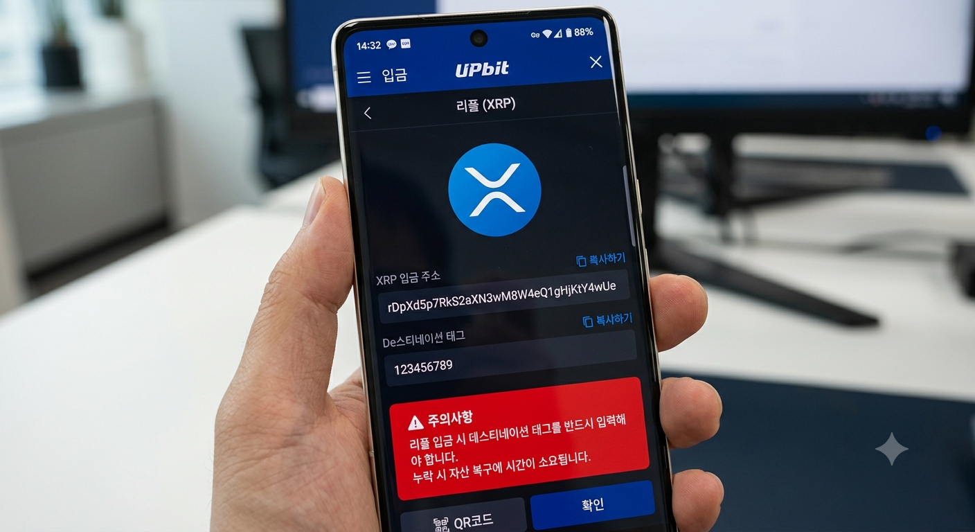 업비트 리플 XRP 입금 주소 및 데스티네이션 태그 경고 화면 가이드
