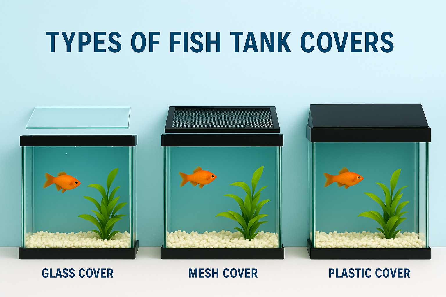 열대어 수조 위에 다양한 종류의 커버가 설치된 모습. 투명한 플라스틱 커버, 메쉬 커버, 강화유리 커버 등 여러 유형이 정렬되어 있으며, 각 커버 옆에는 특징과 장점이 간단히 표시되어 있음.