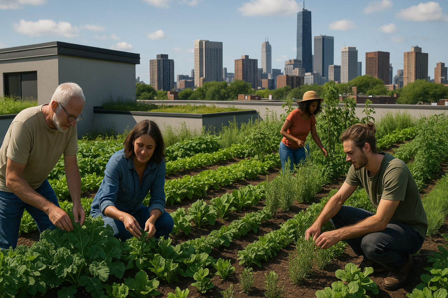 도시의 옥상 텃밭을 가꾸는 모습(Ai생성이미지)
