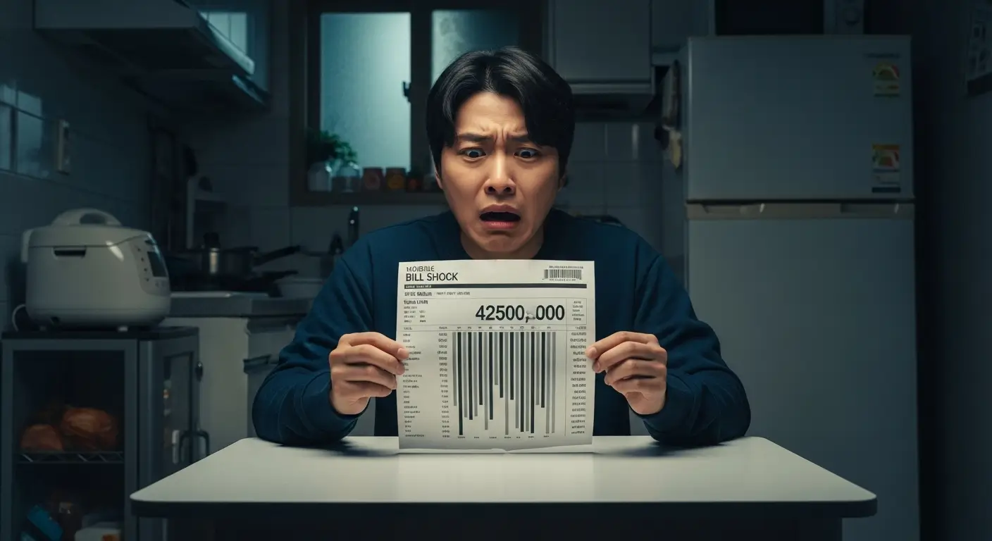 다음 달 컨텐츠이용료 현금화 수수료가 포함된 휴대폰 요금 폭탄 고지서를 보고 좌절하는 사람의 모습