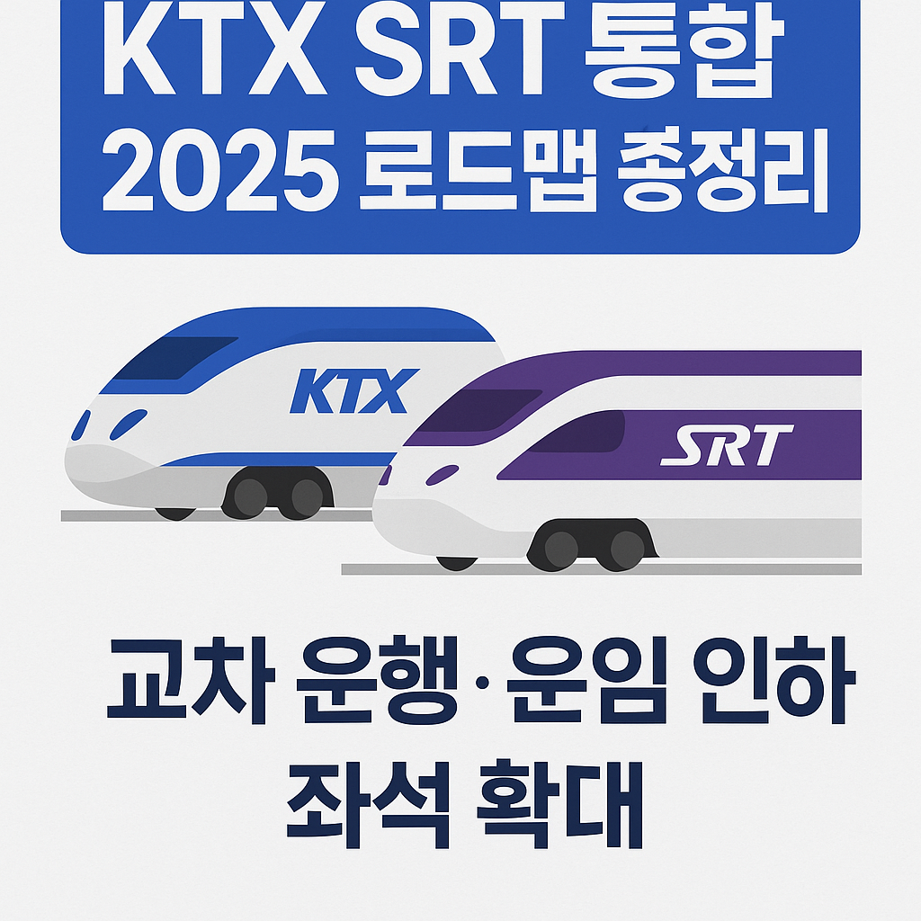 KTX SRT 통합 2025 로드맵을 설명하는 그래픽으로 KTX와 SRT 열차가 함께 배치된 이미지