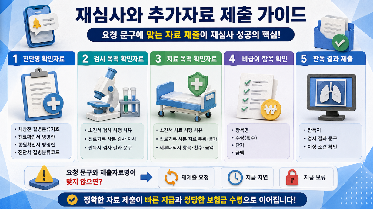 진단명 확인자료, 검사 목적 확인자료, 치료 목적 확인자료, 비급여 항목 확인, 판독 결과 제출 기준을 정리한 재심사와 추가자료 제출 인포그래픽
