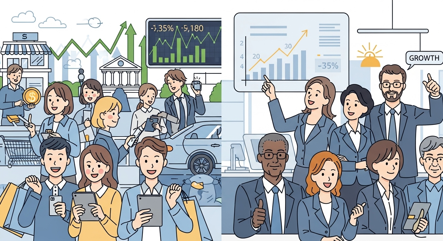 소비자 심리와 기업 심리를 나타내는 이미지. 한쪽에는 행복하게 소비하고 투자하는 사람들, 다른 한쪽에는 긍정적인 표정으로 그래프를 보는 기업 리더들의 모습을 통해 경제의 미래 전망을 보여준다.