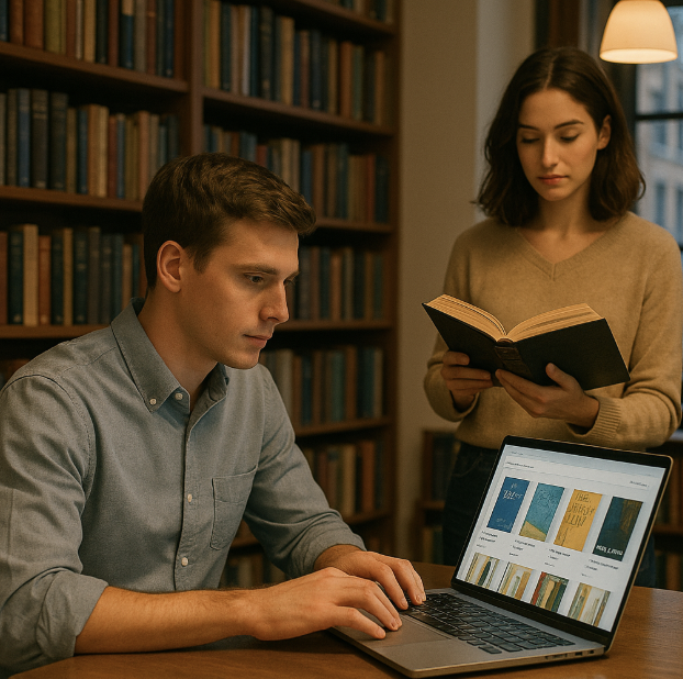 서점에서 경제도서와 온라인 전자책을 읽는 모습