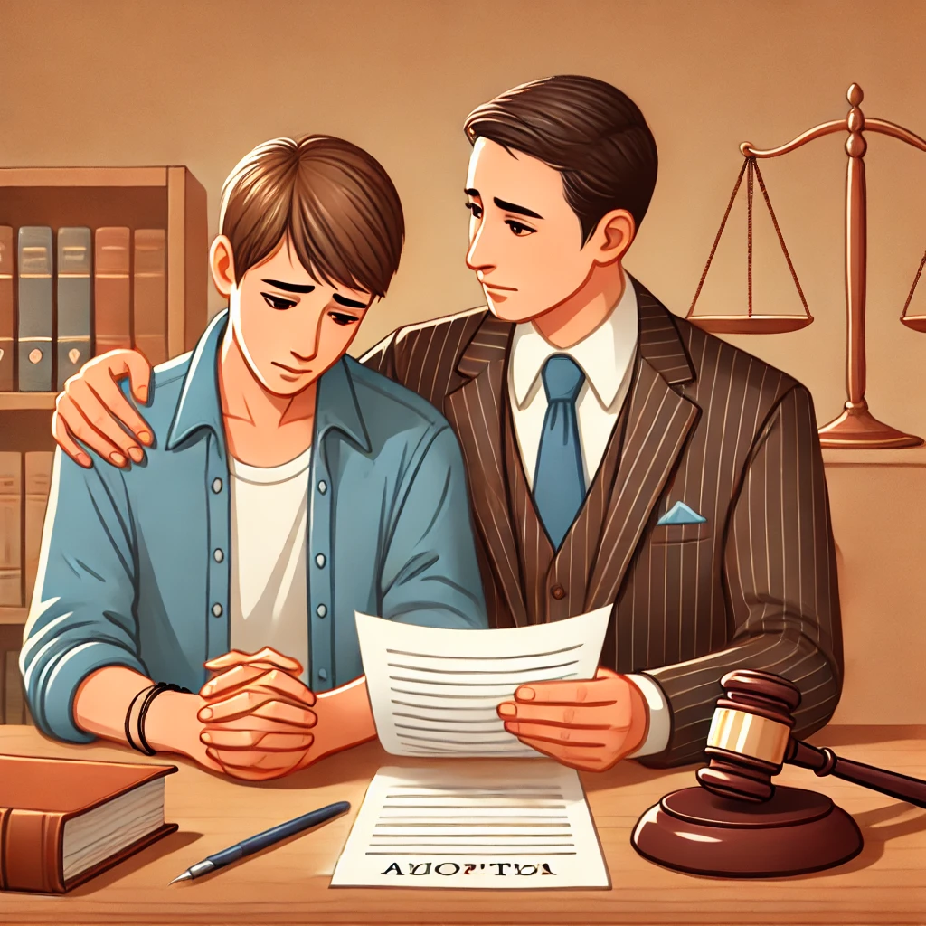 변호사가 서류를 보면서 상심한 의뢰인을 안고 위로해주는 모습