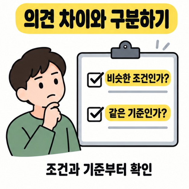 인물이 비슷한 조건인가와 같은 기준인가라는 체크리스트를 살펴보며 의견 차이를 구분하는 그림
