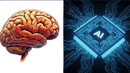 인간의 뇌와 AI 칩을 비교하여 인간 지능과 인공지능의 근본적인 차이를 시각적으로 보여주는 이미지입니다.