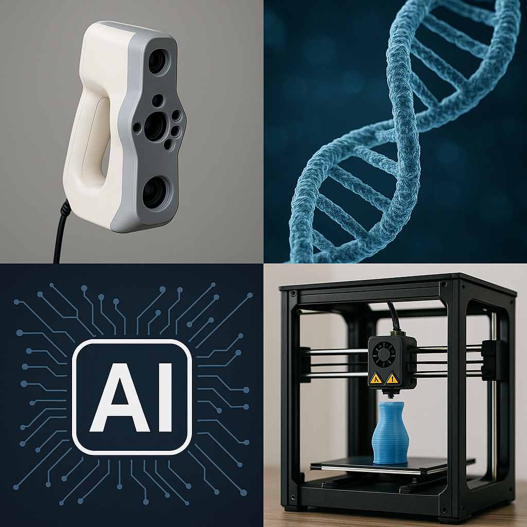 3D스캐닝 기계, 유전자 형상, AI로고, 3D프린팅 기계 관련 이미지