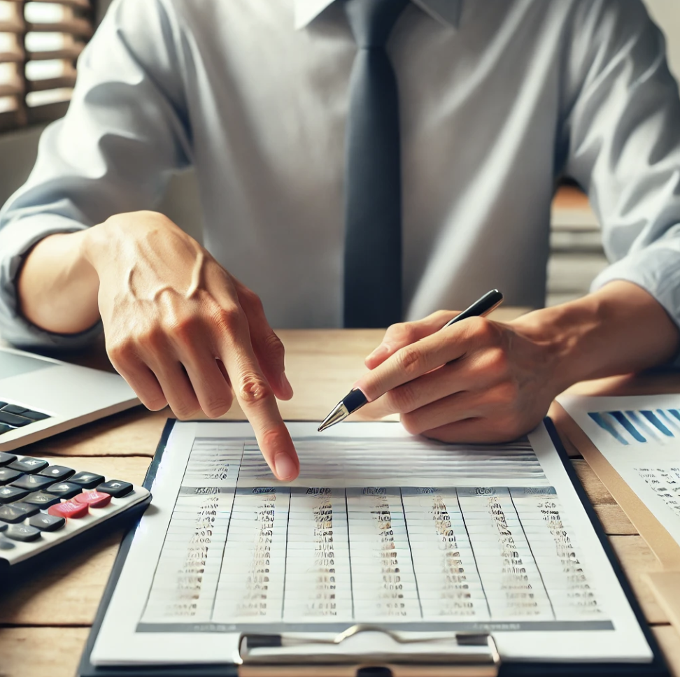 간이세액표를 가리키며 설명하는 회계사