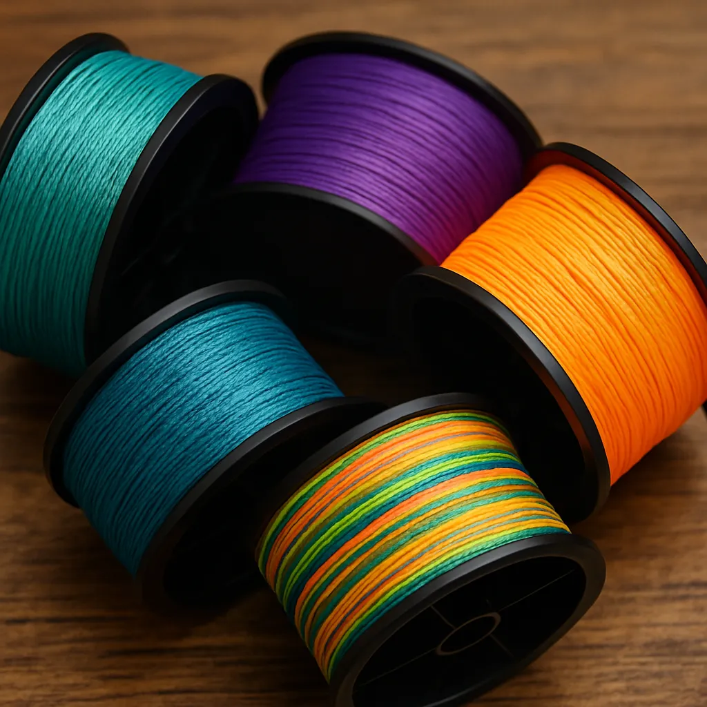 나무 표면 위에 정렬된 다채로운 색상의 합사줄