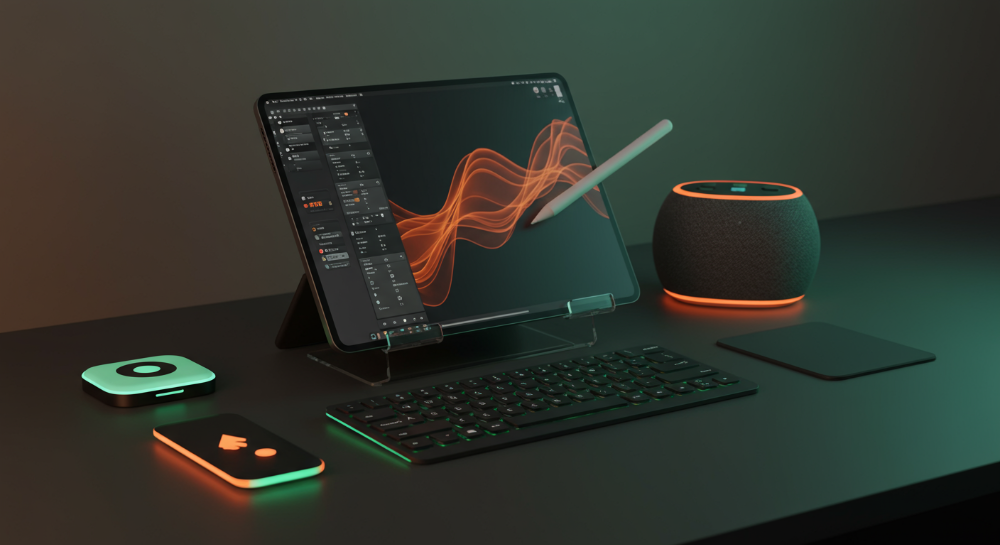 2025년 태블릿PC와 함께 사용되는 필수 액세서리들: 무선 키보드, 스타일러스 펜, 보호 케이스, 거치대, 블루투스 스피커.