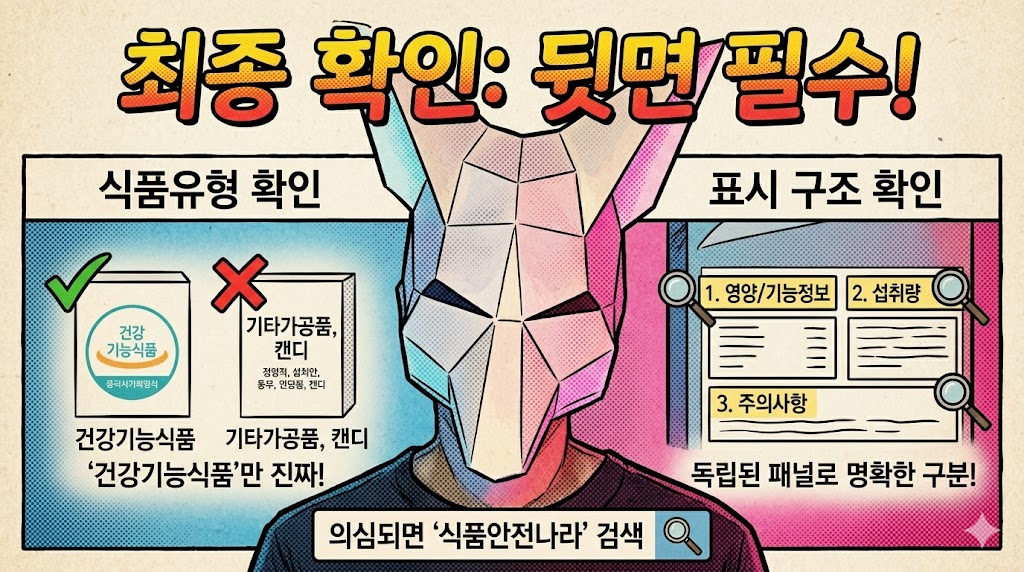건강기능식품 여부를 판단할 때 뒷면 식품유형과 표시 구조를 최종 확인해야 한다는 내용을 정리한 인포그래픽
