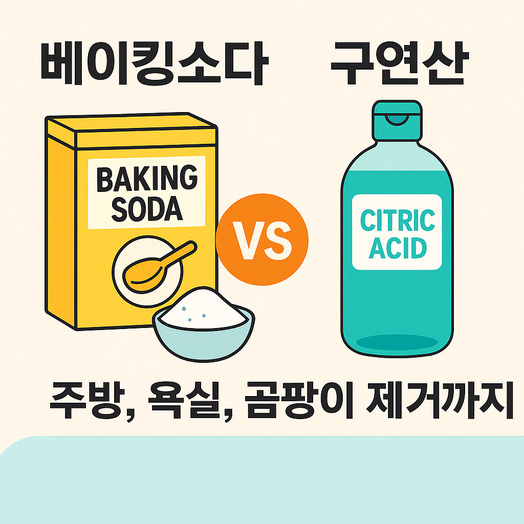 베이킹소다와 구연산 비교 썸네일 – 주방, 욕실, 곰팡이 제거까지 천연세제 활용법을 강조한 이미지