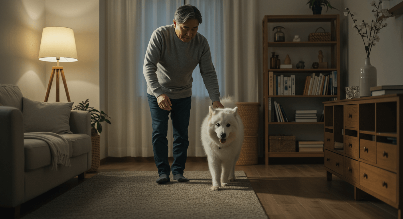 실내에서 가벼운 운동을 하고 있는 반려견