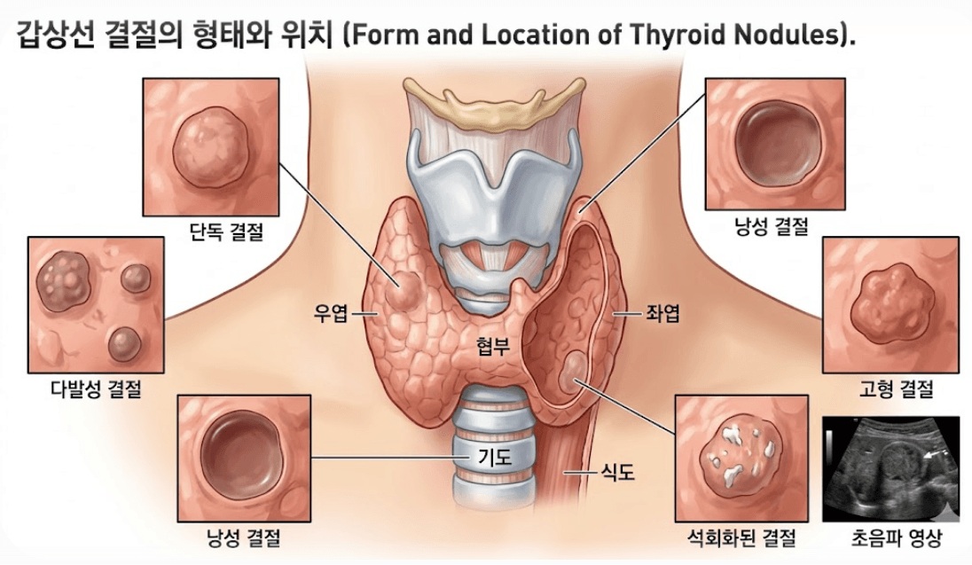 갑상선 결절의 구조와 내부 혹의 위치를 나타낸 의학 일러스트 단면도