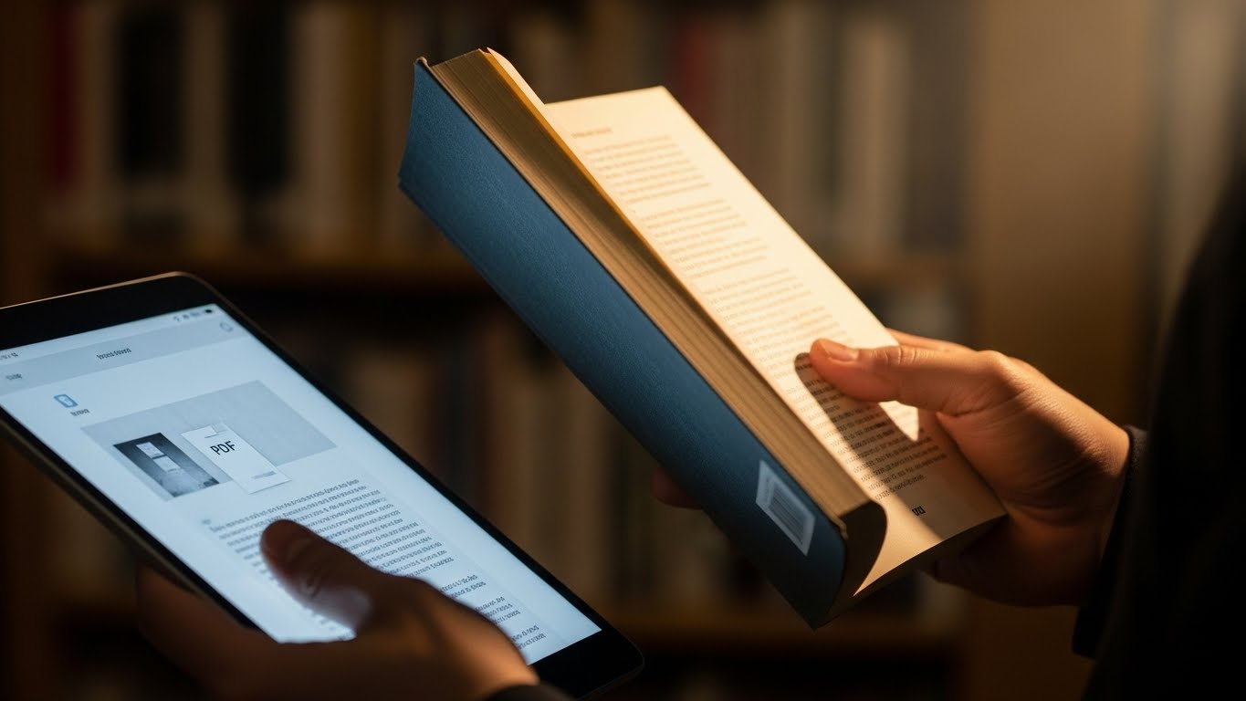 종이책과 디지털 PDF 전자책의 형태를 비교하며 지식 콘텐츠의 변화를 보여주는 한국인의 손