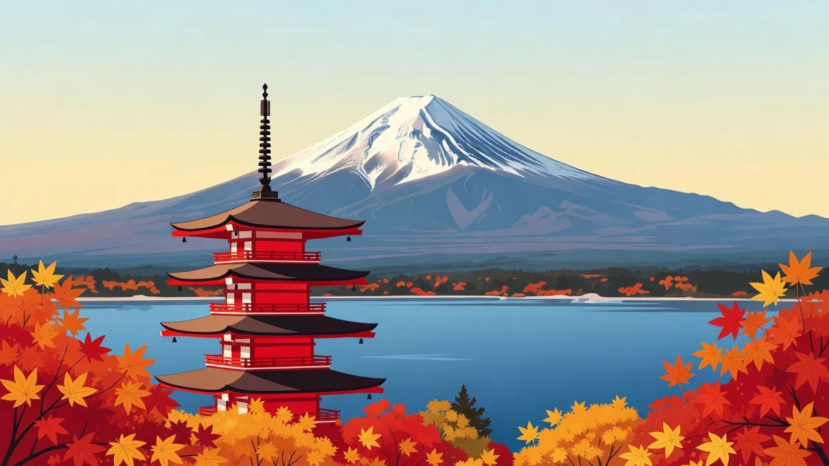 후지산과 가와구치코 호수 오층탑 단풍 일러스트