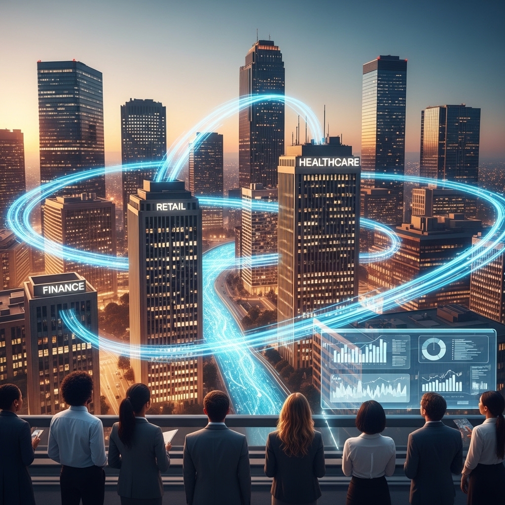 2025년 미래 도시의 데이터 흐름을 시각적으로 표현한 이미지. 다양한 산업 건물을 연결하는 밝고 상호 연결된 데이터 강물이 흐르고, 비즈니스 전문가들이 홀로그램 화면을 보며 데이터 기반 의사결정을 하는 모습.