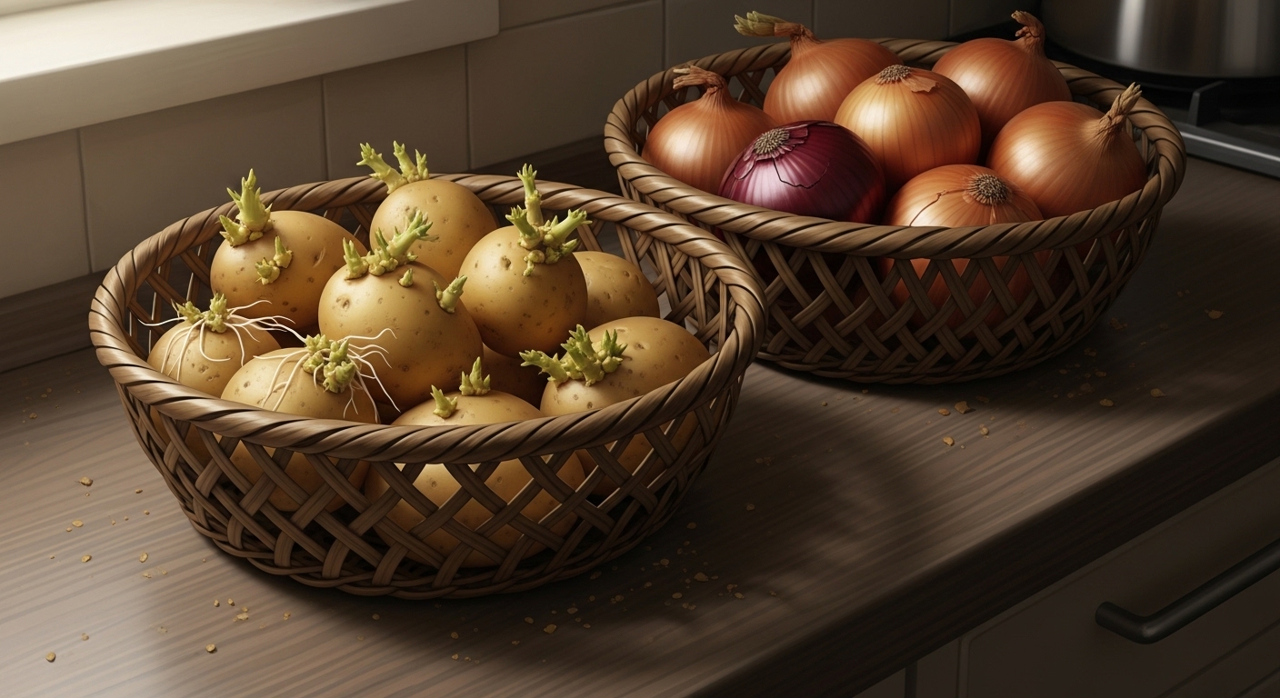 양파와 함께 보관되어 싹이 나기 시작한 감자들의 모습