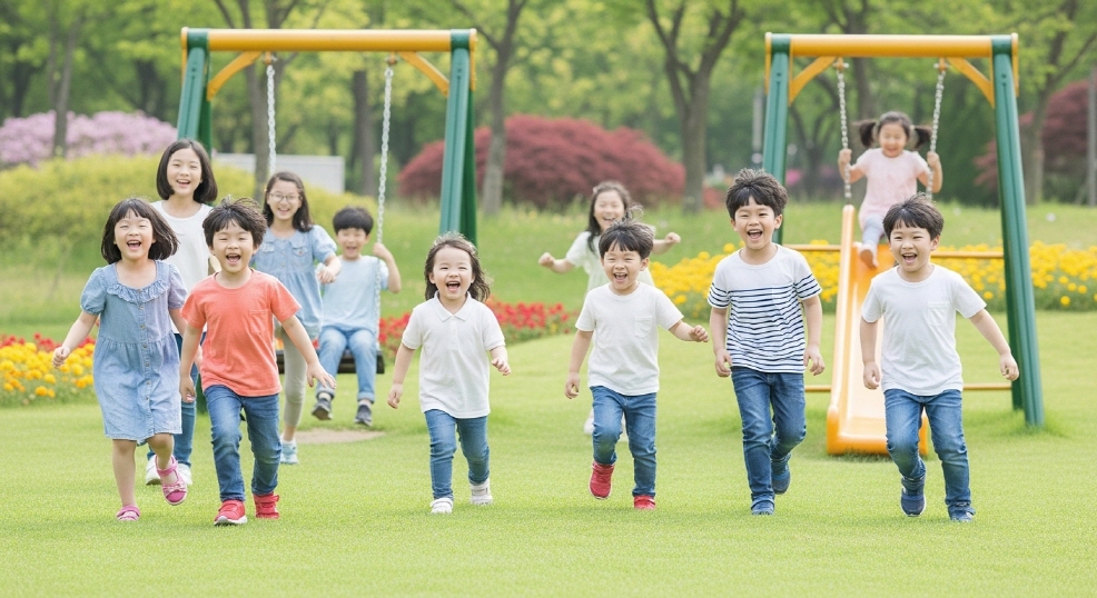 공원에서 웃으며 노는 어린이