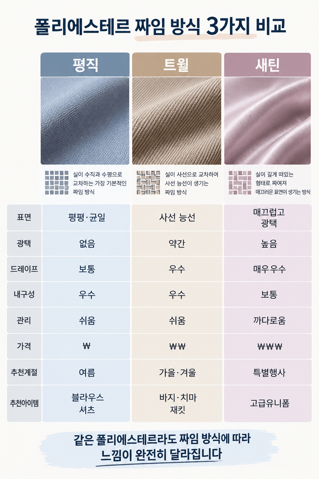평직 트윌 새틴 차이, 같은 폴리에스테르인데 왜 느낌이 다를까?