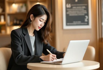 육아휴직 지원금 검색하며 내용들 정리하는 사업주의 모습