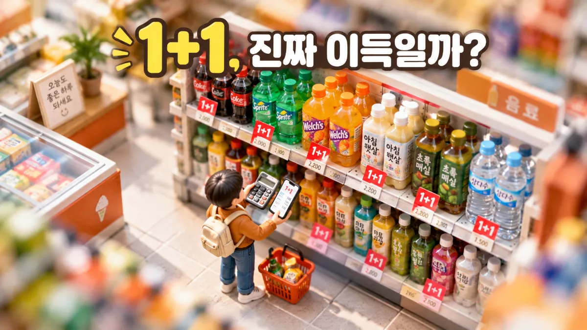 편의점 진열대의 1+1 행사 음료와 계산기를 든 소비자를 담은 미니어처 디오라마