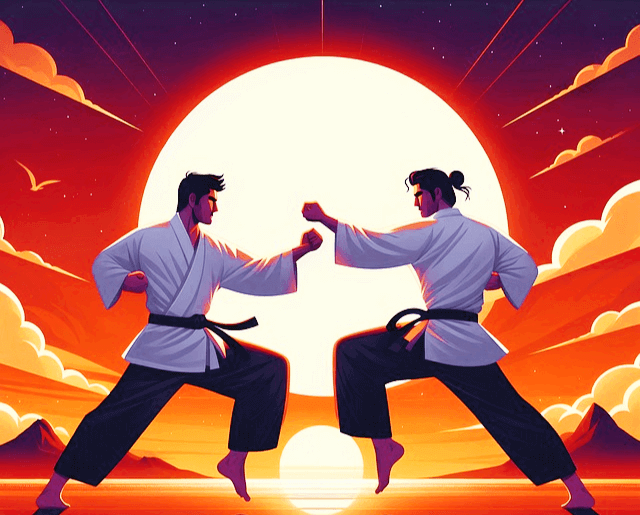 둥그런 태양 앞에서 두 남자가 도복을 입고 결판을 벌이는 자세를 취한다.