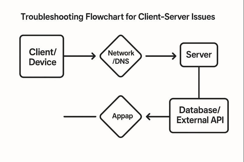 서비스 장애를 클라이언트 문제, 네트워크 문제, 서버 애플리케이션 문제, 데이터베이스 문제로 나누고 요청-응답 흐름을 따라 점검 범위를 좁히는 흐름도