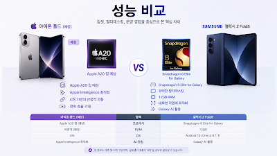 아이폰 폴드와 갤럭시 Z Fold8의 칩셋 성능과 멀티태스킹 활용을 비교한 이미지