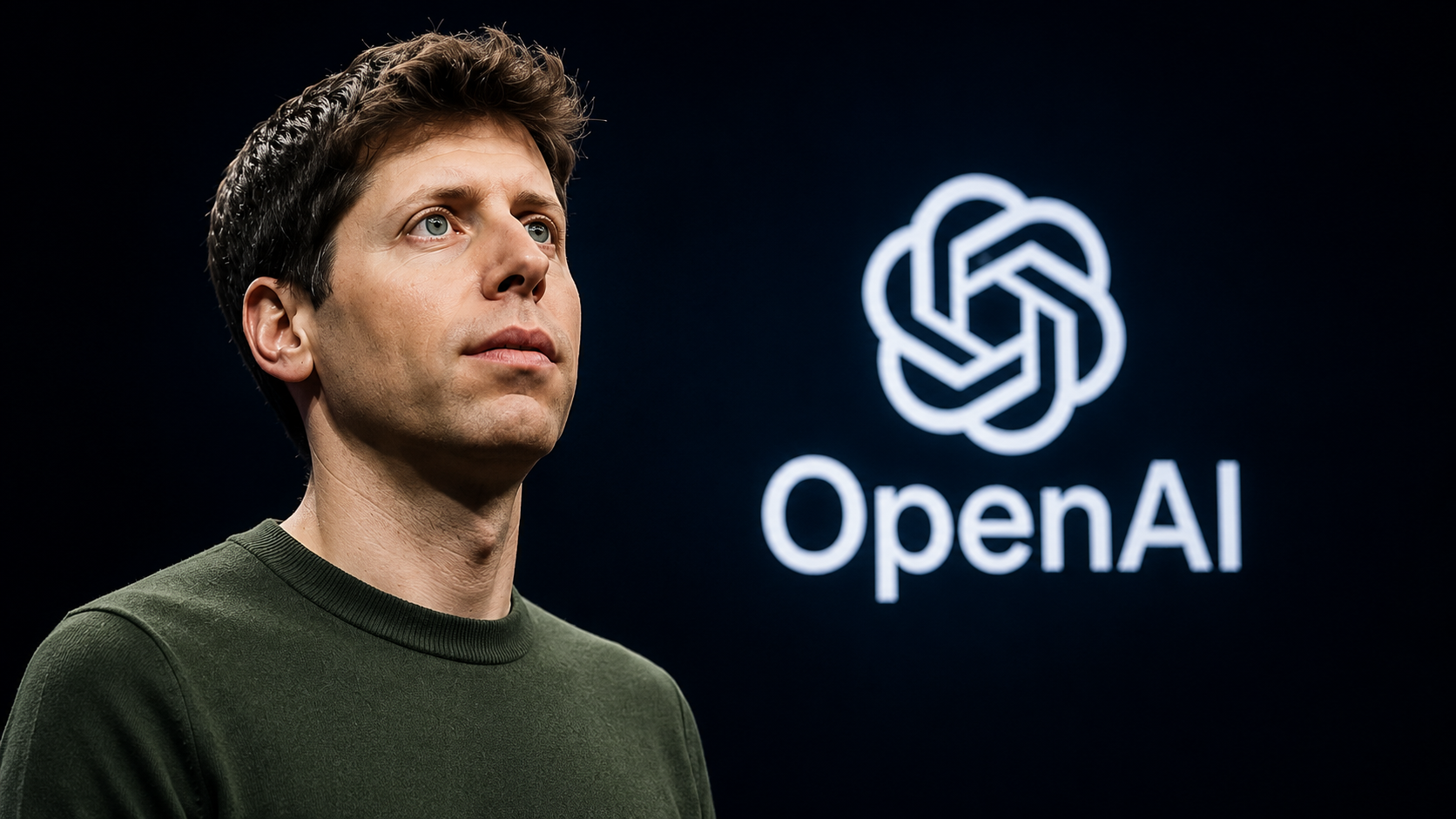 Sam Altman standing beside the OpenAI logo, symbolizing leadership in the AI revolution