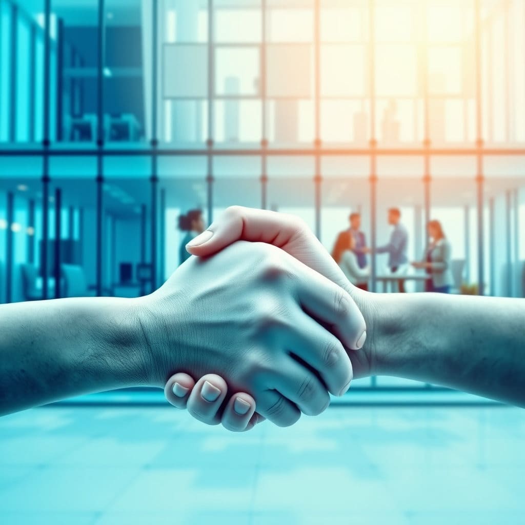 굳게 맞잡은 손이나, 투명한 유리 건물 안에 사람들이 서로 신뢰하며 일하는 모습을 표현합니다. 안정적이고 신뢰감을 주는 파란색 계열의 색상을 주로 사용합니다.