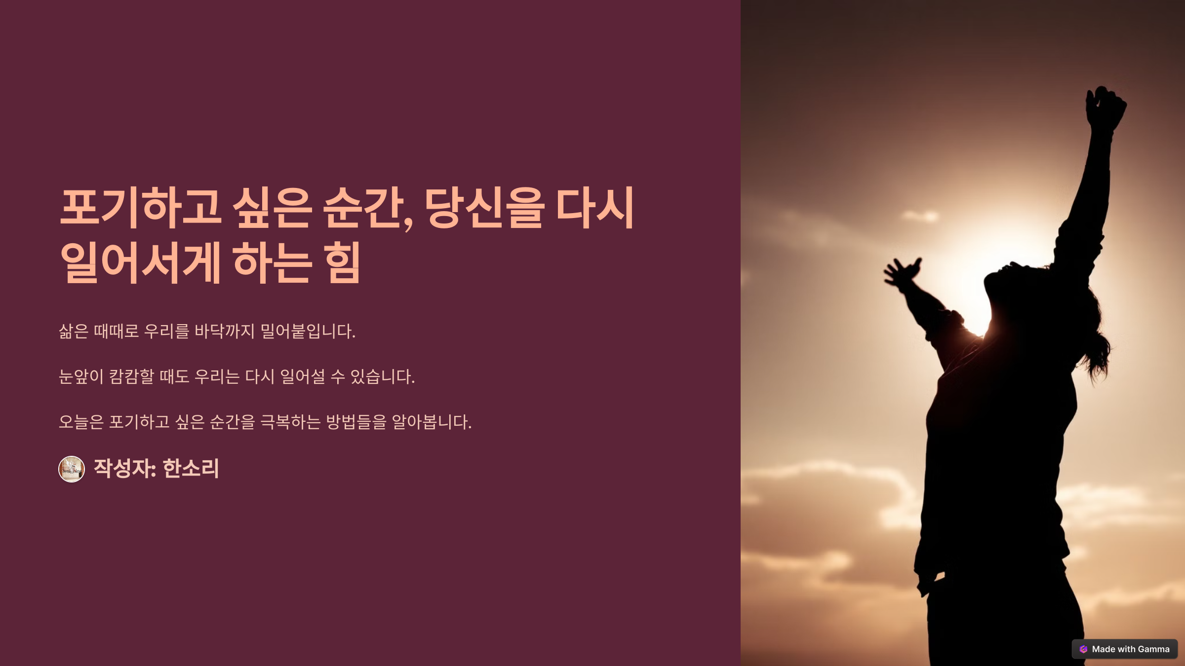 "포기하고 싶은 순간, 당신을 다시 일어서게 하는 힘"
출처: https://hanso2.tistory.com/9 [HANSORI.AI_Blog Labs:티스토리]