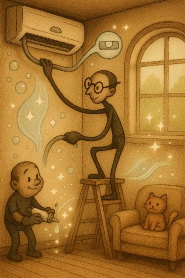 팀 버튼 스타일 에어컨 배수 호스 설치 작업을 하는 전문가와 보조자 캐릭터의 감성 일러스트