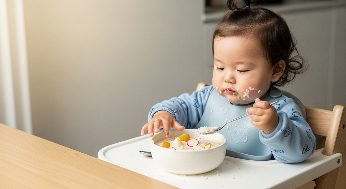 건강죽을 먹고 있는 아이