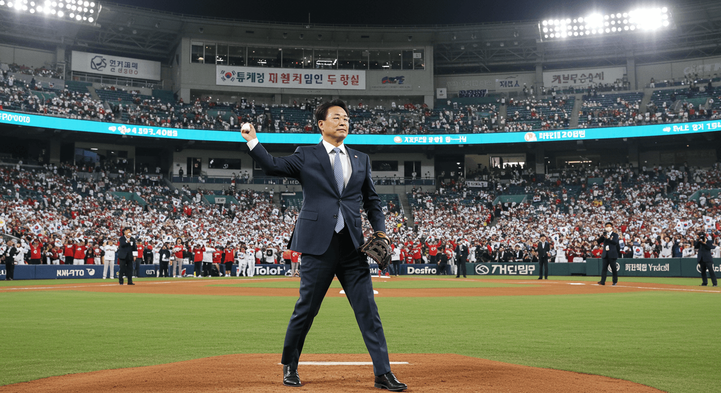 한국인 야구 총재가 가득 찬 야구장에서 개막식 시구를 던지는 장면&amp;#44; 뒤에는 한국인 관중들이 환호하는 극사실적 이미지 1