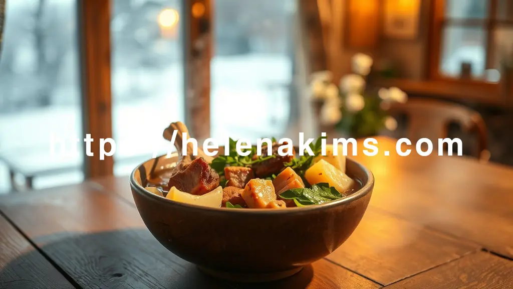 창밖으로는 하얗게 눈 내리는 쌀쌀한 겨울 풍경, 식탁 중앙에는 김이 모락모락 피어오르는 얼큰하고 푸짐한 감자탕이 놓여 있는 이미지.