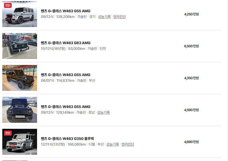 벤츠 G클래스 중고차 가격 시세표 유지비