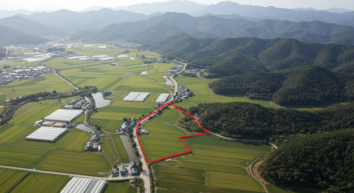 한국 농촌 항공뷰, 논과 농로 사이 붉은 경계로 표시된 경매 대상지