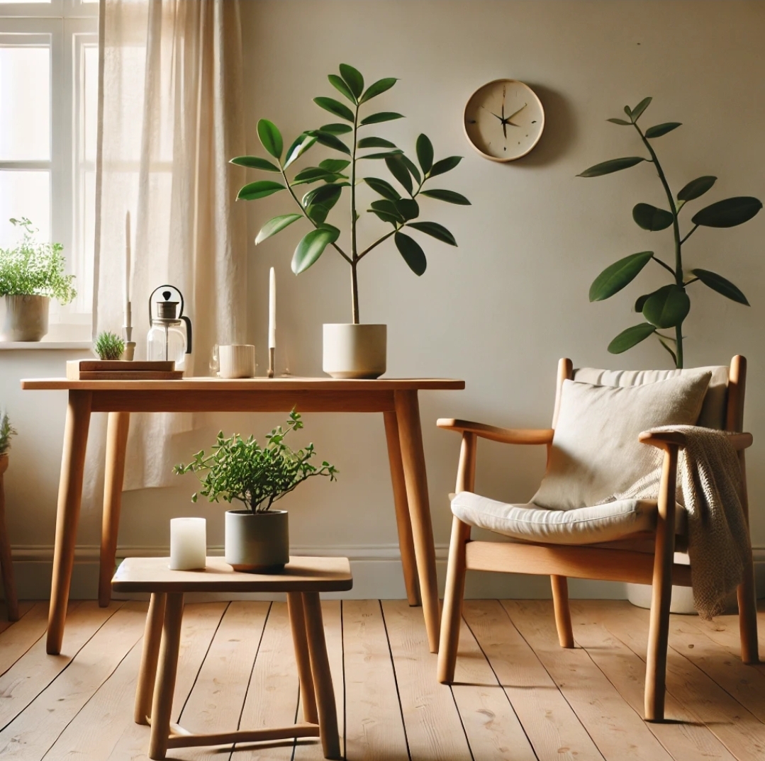 단순하고 조용한 분위기의 공간이 삶의 균형과 행복을 강조하는 느낌