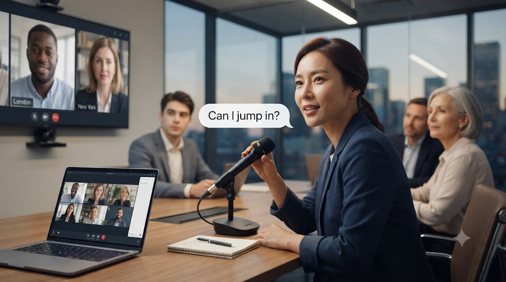 A candid, realistic photograph taken during a professional hybrid business meeting in a modern, glass-walled conference room at dusk. A confident Korean woman in her late 30s, wearing a navy blazer, sits at a polished wooden table and speaks actively into a gooseneck microphone, gesturing with her hand. She is looking toward a large wall-mounted screen displaying the faces of international colleagues (a Black man in London, a White woman in New York). A laptop in the foreground shows a video conference grid view with other participants. The atmosphere is collaborative and productive, with a blurred city skyline visible through the window. She holds the microphone naturally, mid-sentence.